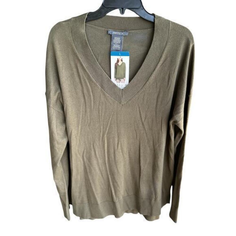 MATTY M Olive Green lightweight v neck side slit sweater coastal Beachy NWT sz L